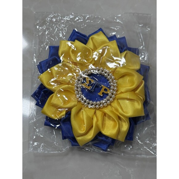 Sigma Gamma Rho SGRho Sorority Flower Brooch Pin Blue & Gold Satin Ribbon New - Picture 2 of 3
